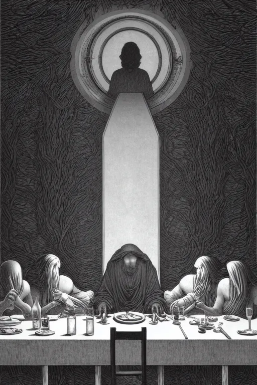 Image similar to colorful!!! the last supper by rene magritte, futuristic by laurie greasley and bouguereau, ( ( etching by gustave dore ) ), cyberpunk, ultraclear intricate, sharp focus, highly detailed digital painting illustration, concept art, masterpiece