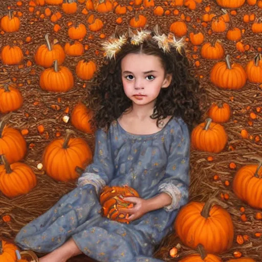 Prompt: a cute little girl with light brown wavy curly hair and blue eyes sitting amidst piles of pumpkins. beautiful cute highly detailed face. she is wearing a crown of autumn leaves. autumn and fall and halloween themed painting by artgerm and greg rutkowski and raymond swanland.