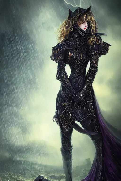 Image similar to portrait evilly knights of Zodiac girl+smoky eyes, metalic deep purple and black reflected armor, in ruined Agora of Athens night and stormy rainning, ssci-fi, fantasy, intricate, very very beautiful, elegant, golden light, highly detailed, digital painting, artstation, concept art, smooth, sharp focus, illustration, art by tian zi and WLOP and alphonse mucha