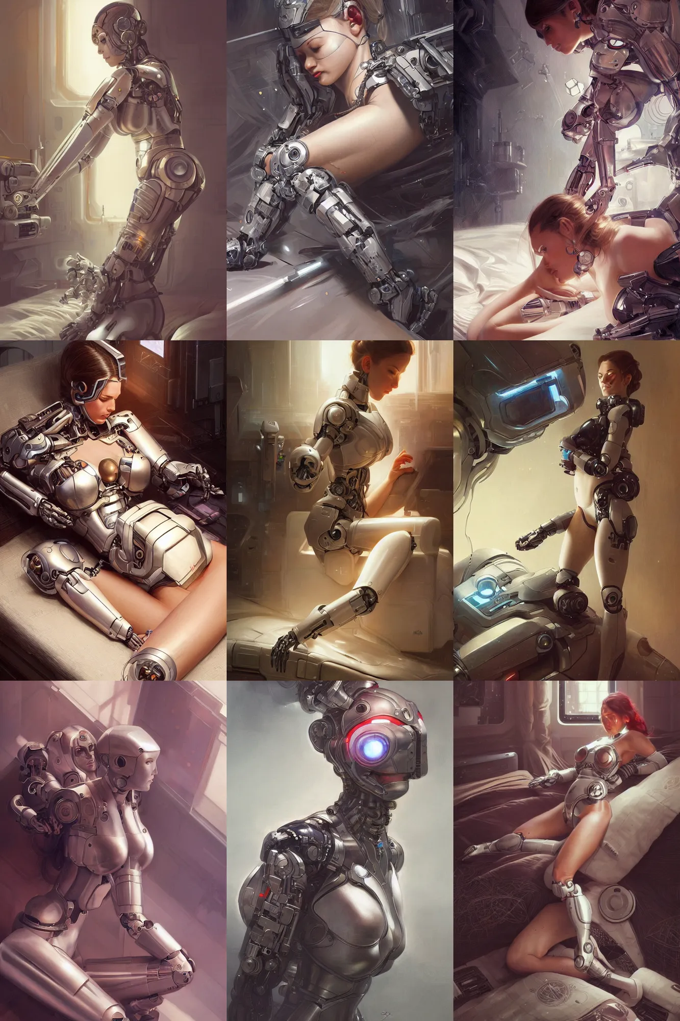 Prompt: Ultra realistic illustration, mujer cyborg en lencería besando a un robot sobre una cama, cyberpunk,sci-fi, fantasy, intricate, elegant, highly detailed, digital painting, artstation, concept art, smooth, sharp focus, illustration, art by artgerm and greg rutkowski and alphonse mucha