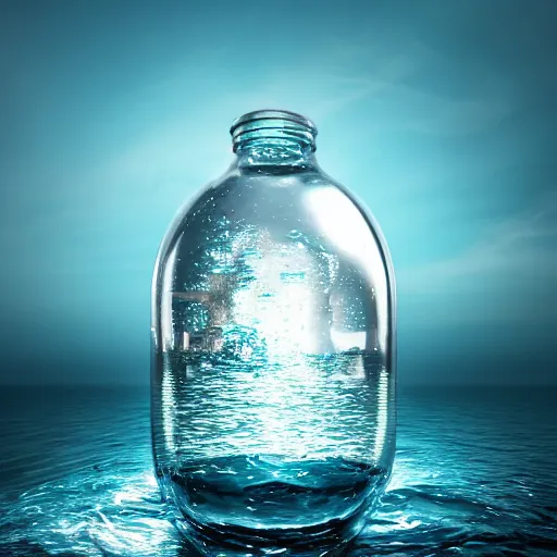 Image similar to a human head in a bottle shape water art manipulation, on the ocean water, futuristic, glowing, hyper realistic, ray tracing, realistic water splashes, sharp focus, long shot, 8 k resolution, cinematic, photoshop art