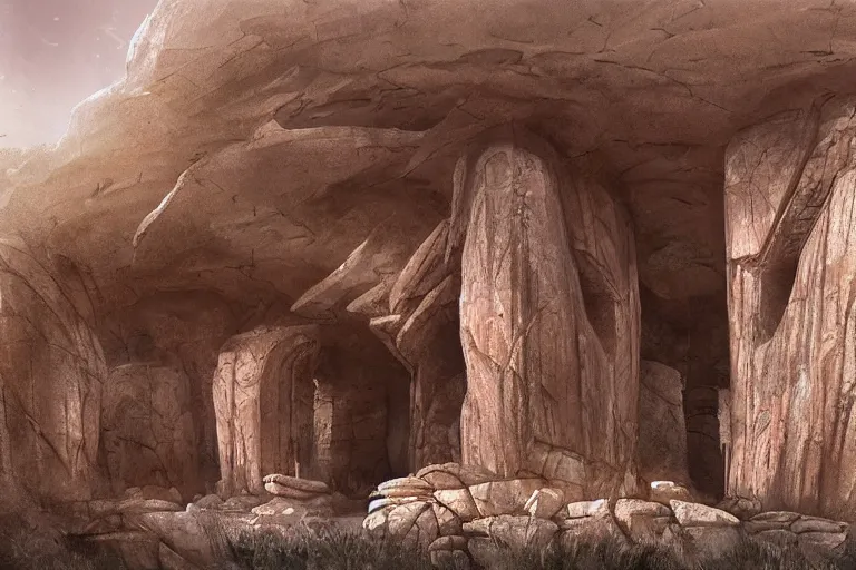 Prompt: decorated Entrance to the boss lair, carved in a rock, megalithic spructure, epic proportions, location, matte painting, by thomas scholes