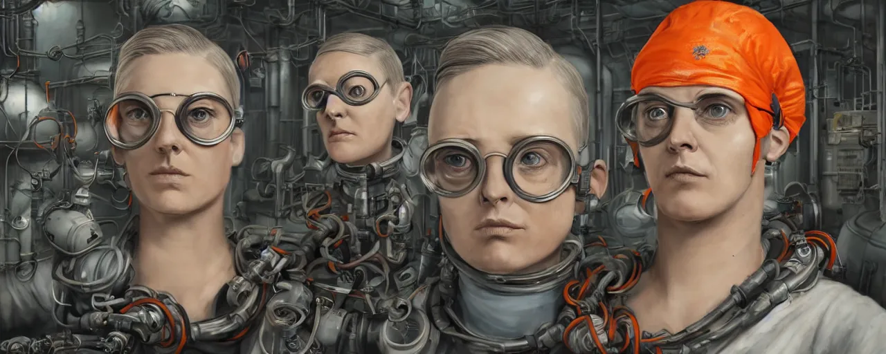 Prompt: character concept art 3 / 4 portrait of tattooed stoic heroic emotionless butch blonde woman engineer with short slicked - back hair, wearing dark victorian goggles, wearing orange bandana around neck, working inside reactor room, awkward and uncomfortable and anxious, dirty, dynamic composition by ron cobb. industrial space program, scifi, hyper detailed. octane render. trending on artstation