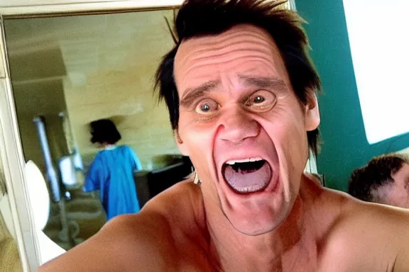 Image similar to jim carrey making a silly face in front of the bathroom mirror