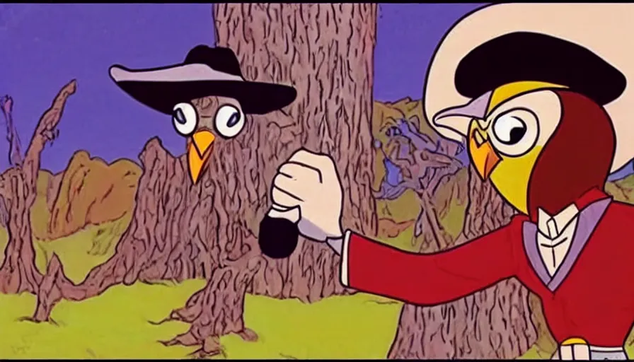 Image similar to saturday morning cartoon shot of an owl dressed as the lone ranger, screenshot from 1990s animated show