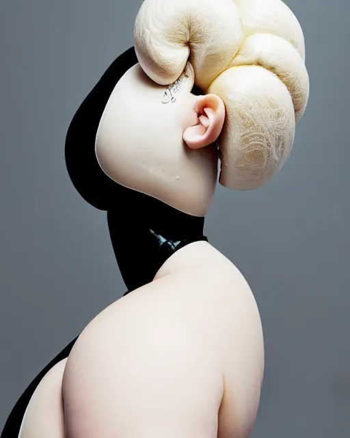 Image similar to symmetrical portrait of a curvy woman wearing a silicone embroidered pueple beauty mask and white hair buns, wearing a black bodysuit by alexander mcqueen, cream white background, soft light, biotechnology, humanoide robot, bjork aesthetic, translucent, by rineke dijkstra, intricate details, highly detailed, masterpiece,