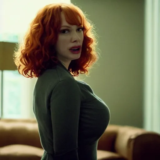 Image similar to amazing beautiful Christina Hendricks with mouth wide open in the living room, film still from the movie directed by Denis Villeneuve , wide lens