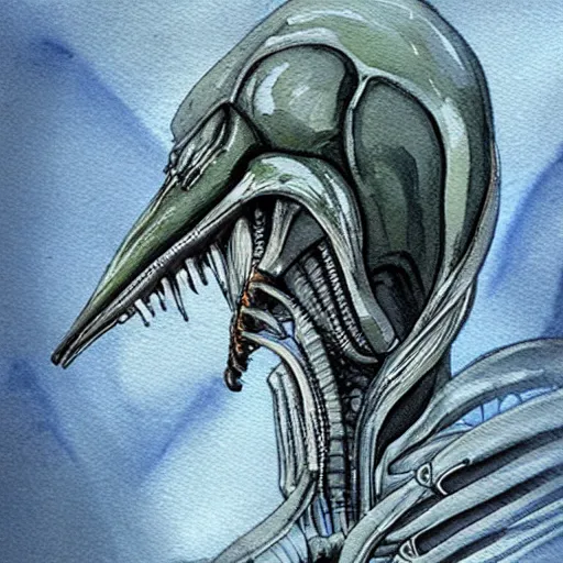 Image similar to “watercolor of xenomorph in the style of HR Giger”