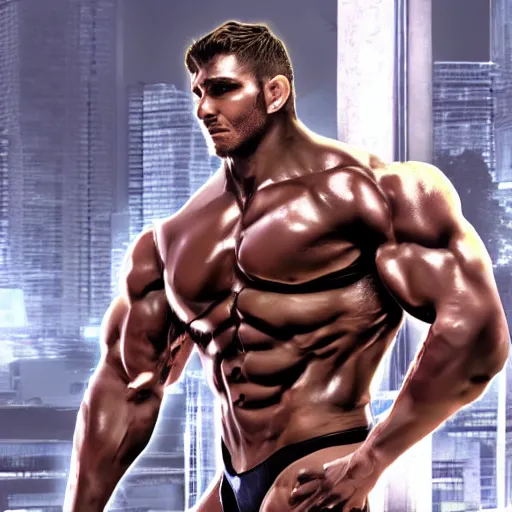 Image similar to a realistic detailed photo of a bodybuilder who is also a male android Chris Redfield, shiny skin, posing robotically, blank stare