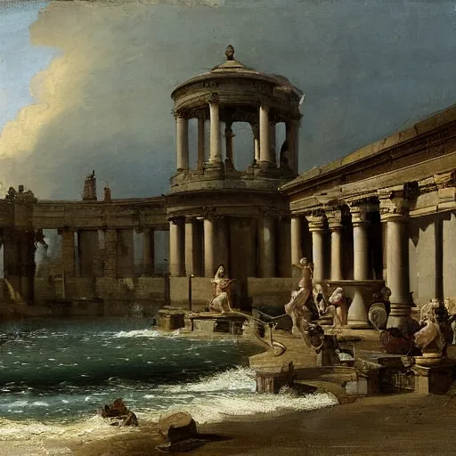 Prompt: the bathing pool by Hubert Robert