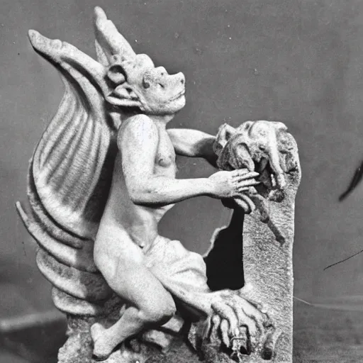 Image similar to antique photo of a creature busting out of a stone gargoyle, highly detailed, cfg = 1 5