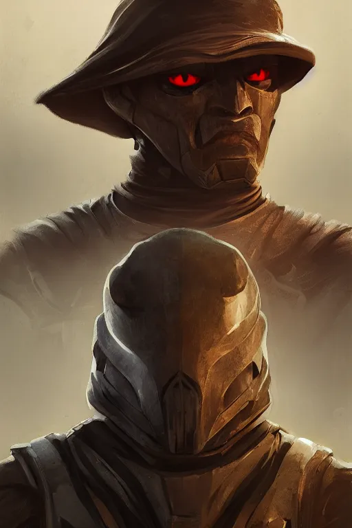 Image similar to portrait, bounty hunter, face portrait, raphael lacoste, eddie mendoza, alex ross, concept art, matte painting, highly detailed, rule of thirds, dynamic lighting, cinematic, detailed, denoised, centerd