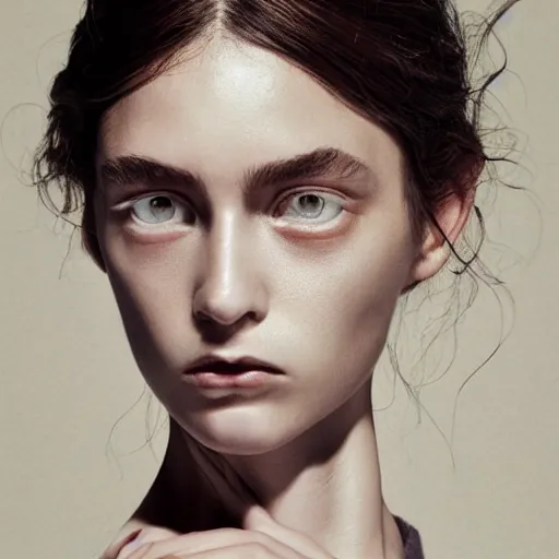 Image similar to a muted colors natural make-up portrait photograph, editorial story, Vouge Italy, editorial photography by Peter Gehrke and Johan Sandberg