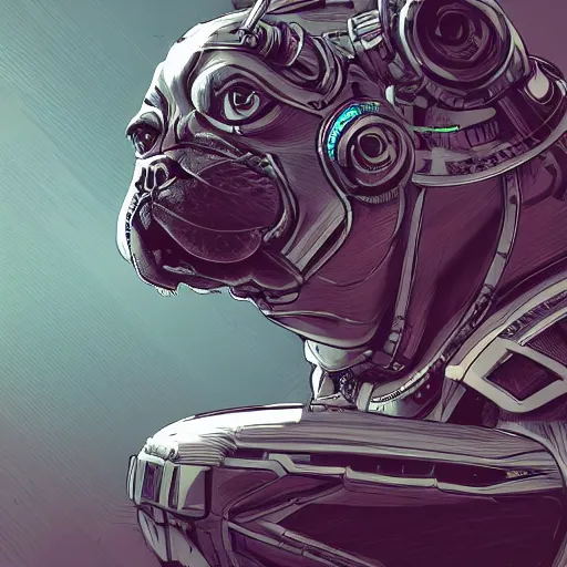 Image similar to « a comic styled cyborg bulldog sitting down, cyberpunk digital art by greg rutkowsky, illustration, sharp focus, highly detailed, future tech, sketchfab »