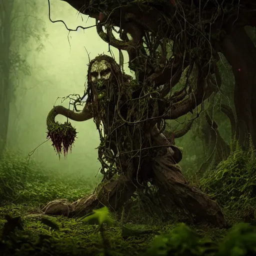 Prompt: a creepy druid man attacking with vines and thorns, art by emmanuel shiu, earth moss poison mist, substance 3 d painter, pbr textures, physical based rendering, cinematic, hyper realism, high detail, octane render, unreal engine, 8 k, vibrant colors, smooth gradients, high contrast, depth of field, aperture f 2. 8