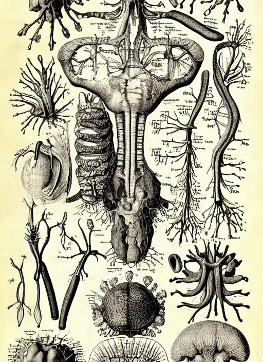 Image similar to anatomy textbook scientific anatomical illustration, made by Wenceslas Hollar and Ernst Haeckel in vintage Victorian England colourised print style