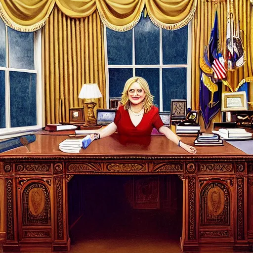 Prompt: oil painting of Amy Poehler sitting at the resolute desk in the oval office