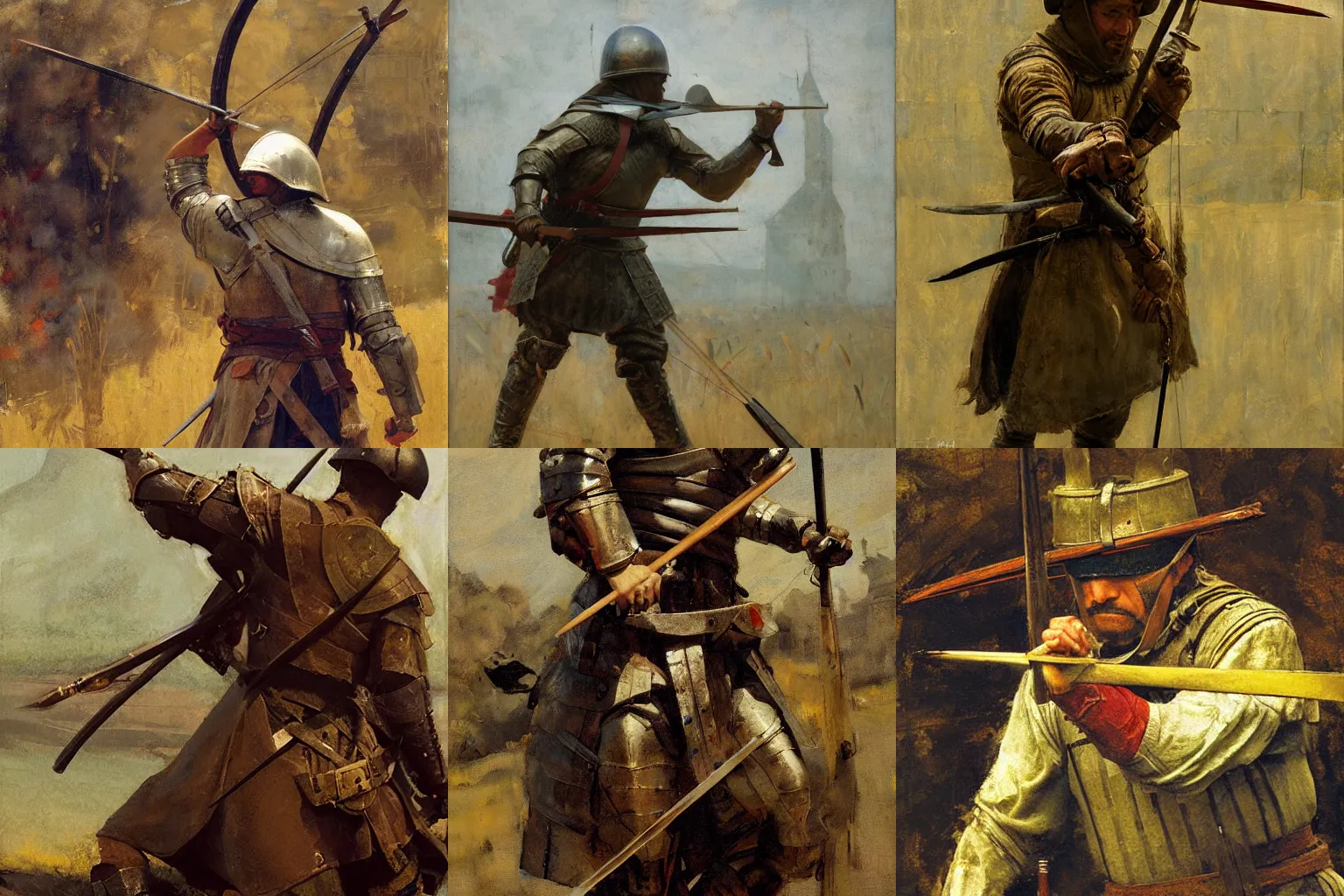 Prompt: close - up of medieval soldier aiming bow, richard schmid, jeffery catherine jones, ruan jia, greg manchess, n. c. wyeth