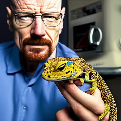 Prompt: walter white holding a leopard gecko