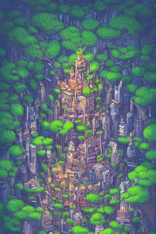 Prompt: a miniature city built into the trunk of a single colossal tree in the forest, with tiny people, in the style of cory loftis, lit windows, close - up, low angle, wide angle, awe - inspiring, highly detailed digital art, isometric