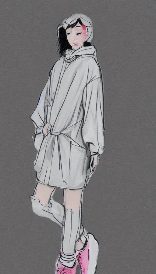 Prompt: a fashion sketch of a girl wearing a puffy japanese kimono inspired anorak and tight leggings yeezy 5 0 0 sneakers