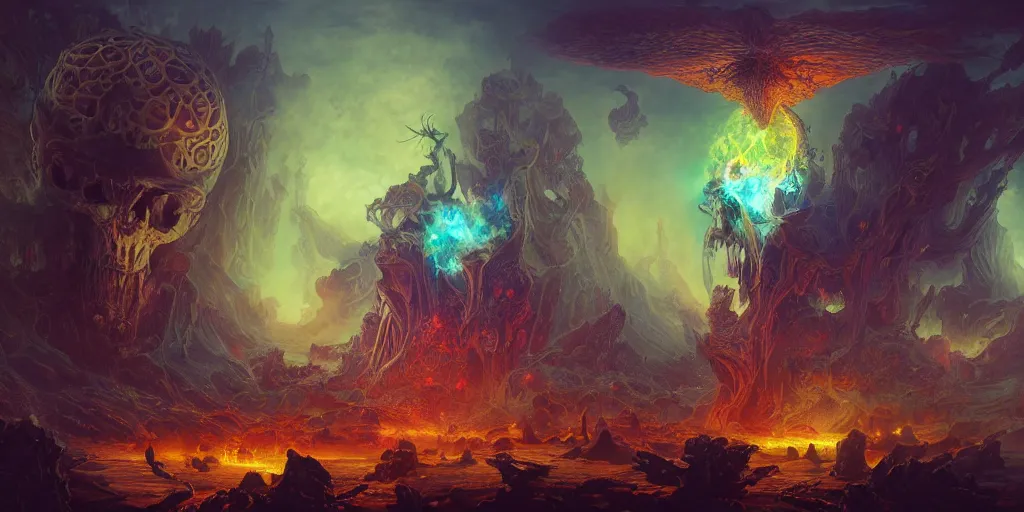 Prompt: gigantic demonic cosmic skull of death and fire, outer space, fantasy painting, ultra realistic, dmt, symmetrical, wide angle, intricate details, digital painting, rainbowshift, vivid colors, highly detailed by peter mohrbacher, h. r. giger, maxfield parrish, craig mullins, octane render, cgi