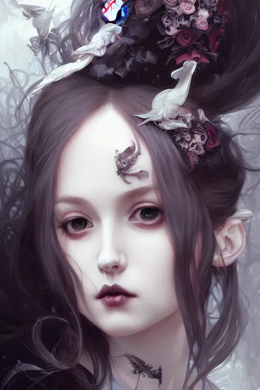 Image similar to portrait of radical lolita girl, dreamy and ethereal, dark eyes, peaceful expression, ornate goth dress, dark fantasy, chaotic, elegant, black crows flying, highly detailed, digital painting, artstation, concept art, smooth, sharp focus, illustration, art by artgerm and greg rutkowski and alphonse mucha