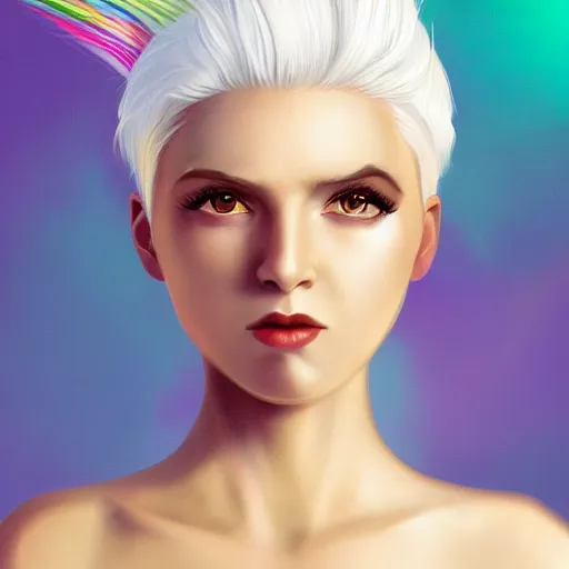 Prompt: a girl with lush white hair, unicorn horn, rim light, fresh colors, gradients, highly detailed, digital illustration, concept art, smooth, sharp focus, pleasing aesthetics, alexander wells