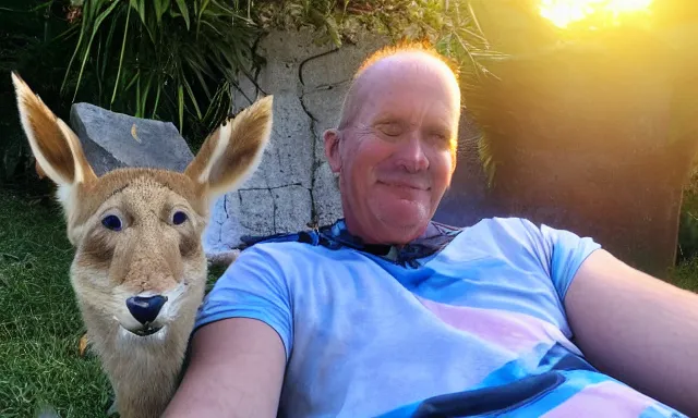 Image similar to My dad just took a hit from the bongo and have good time being gracefully relaxed in the garden, sunset lighting