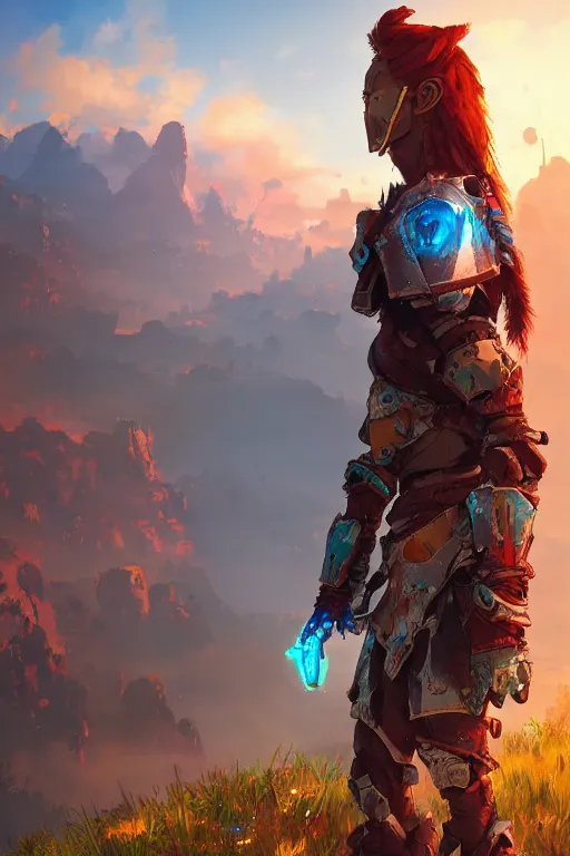 Image similar to combination suit armor aloy horizon forbidden west horizon zero dawn radiating a glowing aura global illumination ray tracing hdr fanart arstation by ian pesty and alena aenami artworks in 4 k tribal robot ninja mask helmet backpack