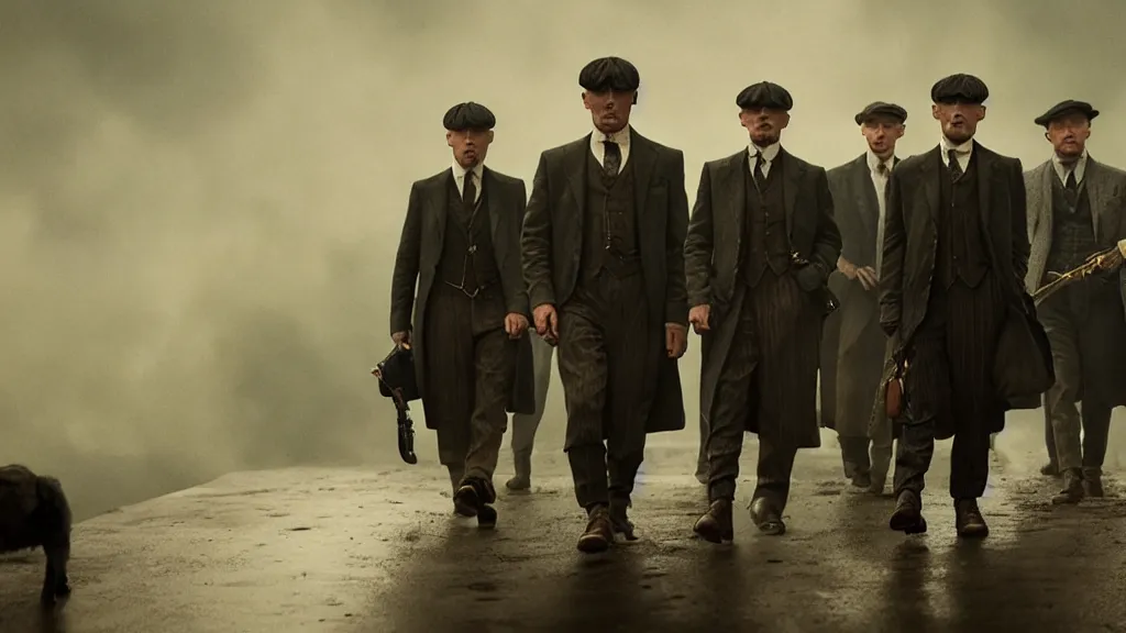 Image similar to the peaky blinders with peanuts heads, film still from the movie directed by denis villeneuve with art direction by zdzis