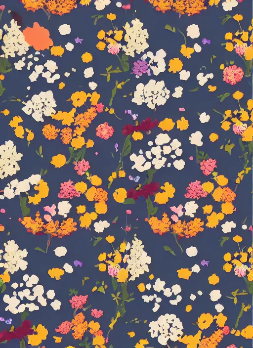 Image similar to multiverse of flowers, garden flowers pattern, berries, dragonflies, garden dwarfes by satoshi kon and greg rutkowski, 7 0's vintage sci - fi flat design