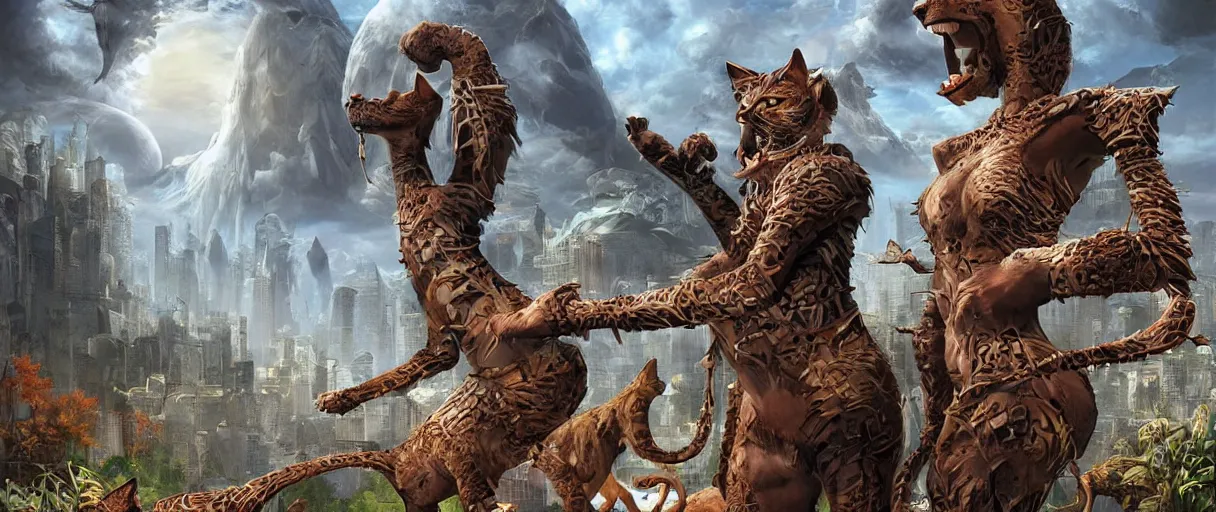 Prompt: A beautiful civilization of anthropomorphic Feline warriors by Igor Morski | Graphic Novel, Visual Novel, Colored Pencil, Comic Book:.3 | unreal engine:.5 | establishing shot