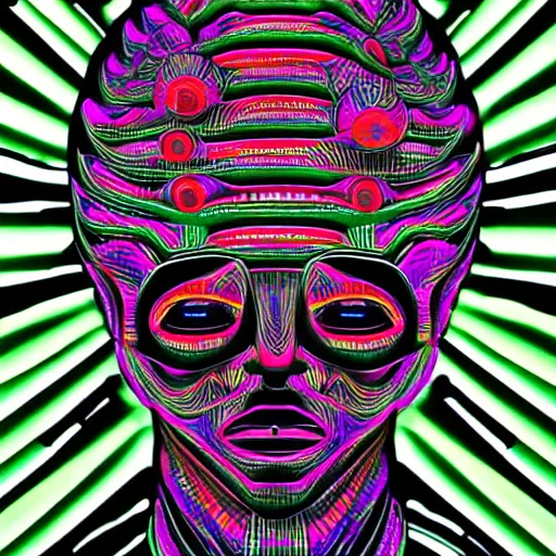 Image similar to fashion photo of a black tshirt with a hyperdetailed portrait of a futuristic trippy cute meditating robot, 8 k, symetrical, fluorescent colors, halluzinogenic, multicolored tshirt art,