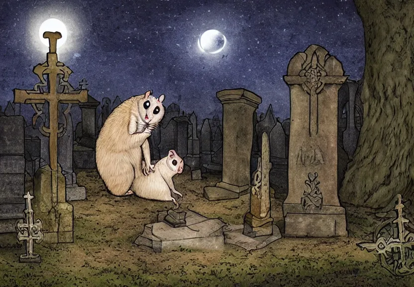 Prompt: a monk possum at a medieval cemetery at night, highly detailed, digital art, isometric