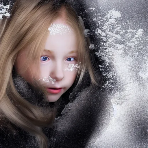 Prompt: young girl with long blonde hair jumped up and froze in the white room, photorealistic