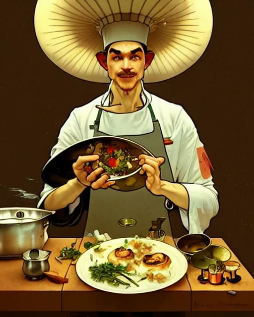 Prompt: an anthropomorphic mushroom chef cooking a meal, art by greg rutkowski and alphonse mucha