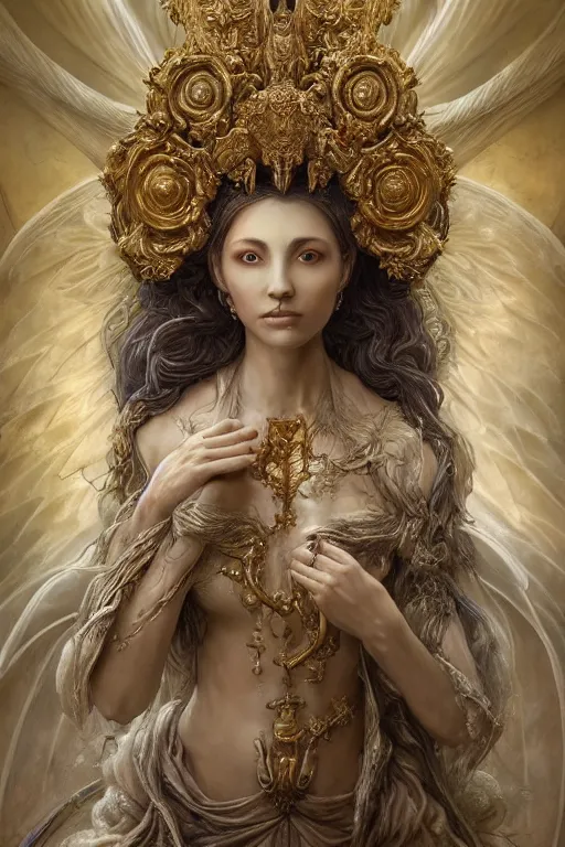 Prompt: a beautiful detailed 3 d matte painting of female empress of the light, by ellen jewett, tomasz alen kopera and justin gerard | symmetrical features, solemn, realism, intricate, ornate, royally decorated, halo, gilding, gilded, whirling smoke, particles, gold adornments, white splendid fabric, radiant colors, fantasy, trending