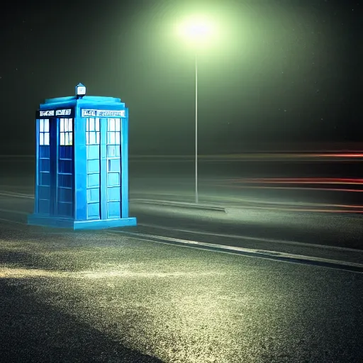 Image similar to a hyperdetailed photograph of the tardis sat on a futuristic street corner, night, dense fog, rain, hd, 8 k resolution