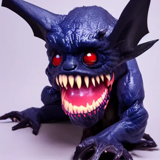 Image similar to detailed full body of scary giant mutant dark blue humanoid pygmy-bat, glowing red eyes, sharp teeth, acid leaking from mouth, realistic, giant, bat ears, bat nose, bat claws, bat wings, furred, covered in soft fur, detailed, 85mm f/1.4