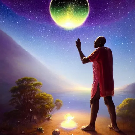 Image similar to an elder african psychic reading his crystal ball under a meteor shower, greg rutkowski and android jones and amanda sage, oil on canvas, 8k