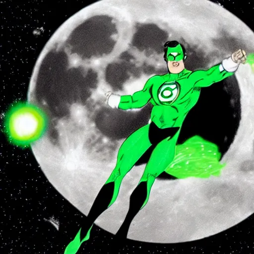 Image similar to comic Green Lantern in black and white uniform in space flying infront of the moon,