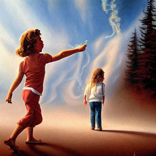 Prompt: a disappearing running child holding scissors in hand disappears evaporates dissolves into vapor, mist, smoke, a detailed matte painting by John Philip Falter and Jason Edmiston-n 9