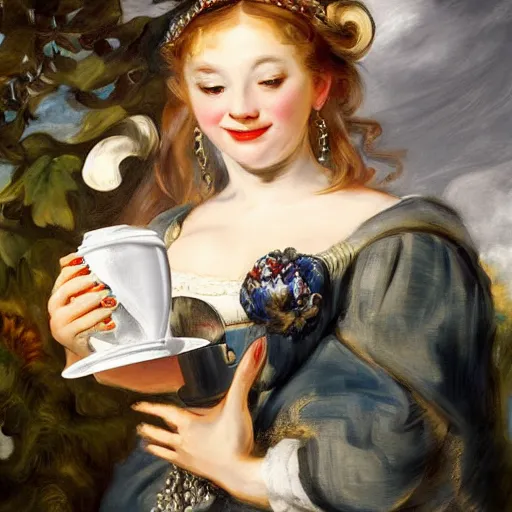 Image similar to heavenly summer sharp land sphere scallop well dressed lady holding a starbucks coffee cup, auslese, by peter paul rubens and eugene delacroix and karol bak, hyperrealism, digital illustration, fauvist,