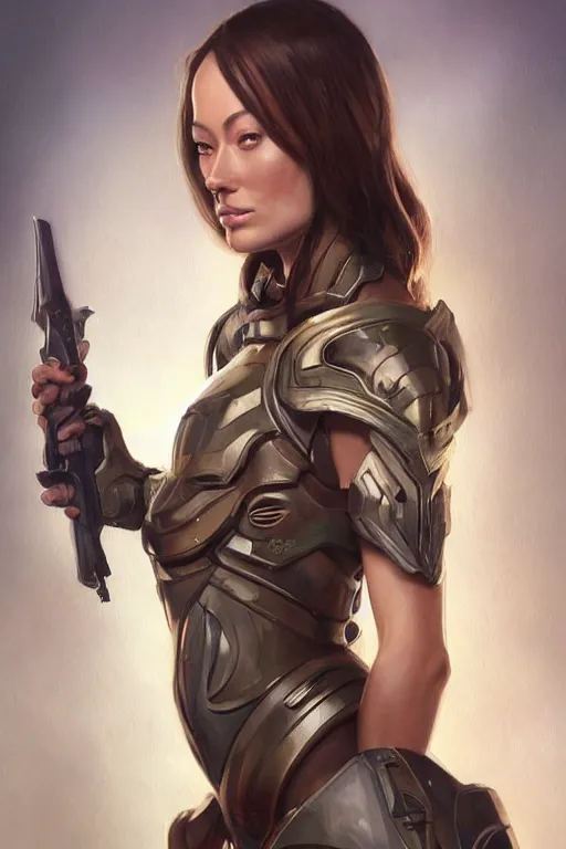 Image similar to a professional painting of a young Olivia Wilde, clothes in military armor, olive skin, long dark hair, beautiful bone structure, symmetrical facial features, intricate, elegant, digital painting, concept art, smooth, sharp focus, illustration, from StarCraft by Ruan Jia and Mandy Jurgens and Artgerm and William-Adolphe Bouguerea