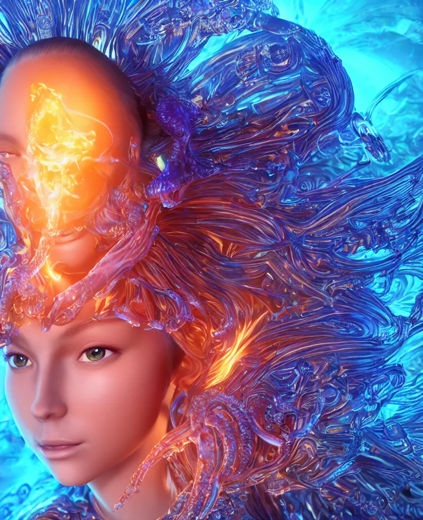 Image similar to close-up macro portrait of the face of a beautiful princess, epic angle and pose, symmetrical artwork, 3d with depth of field, blurred background, cybernetic jellyfish female face skull phoenix bird, translucent, nautilus, energy flows of water and fire. a highly detailed epic cinematic concept art CG render. made in Maya, Blender and Photoshop, octane render, excellent composition, cinematic dystopian brutalist atmosphere, dynamic dramatic cinematic lighting, aesthetic, very inspirational, arthouse. y Greg Rutkowski, Ilya Kuvshinov, WLOP, Stanley Artgerm Lau, Ruan Jia and Fenghua Zhong