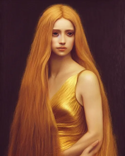 Image similar to realistic portrait of a mysterious woman made of gold in silky clothes with long golden hair, detailed, 1 4 5 0, delicate, hyper realism, ultra realistic, 8 k