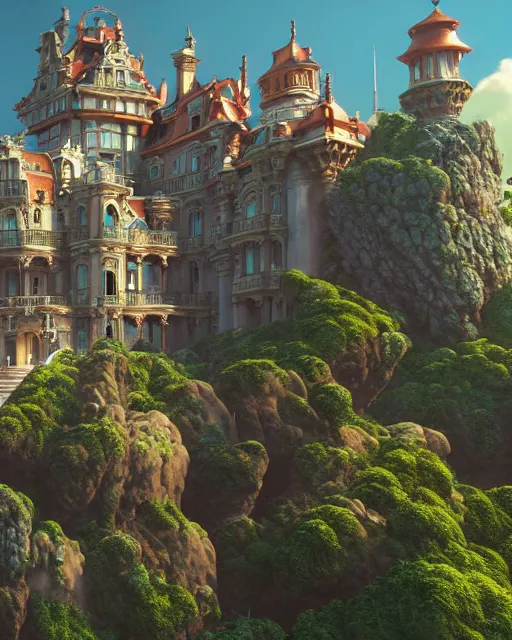 Prompt: Wide Angle Photo of a nouveau rococo architecture Castle in rocky cliffs, cinematic composition, Jaime Jasso, Craig Mullins, wide angle, in the style of hayao miyazaki + brian froud + kim jung gi, studio ghibli, beautiful high detail enhanced 8k render