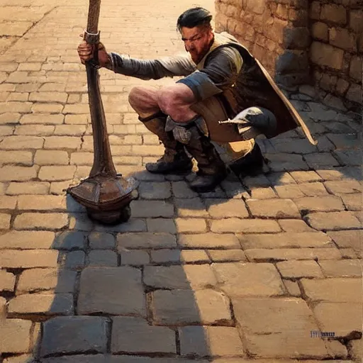 Image similar to greg manchess portrait of a sword stuck between cobblestones, profile picture, organic painting, sunny day, matte painting, bold shapes, hard edges, street art, trending on artstation, by huang guangjian, gil elvgren, ruan jia, randy vargas, greg rutkowski