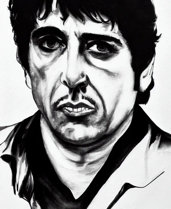 Prompt: headshot portrait. tony montana from movie scarface 1 9 8 3. al pacino, perfect symmetric face, coherent eyes, fine details., 4 k, red and black ink paint